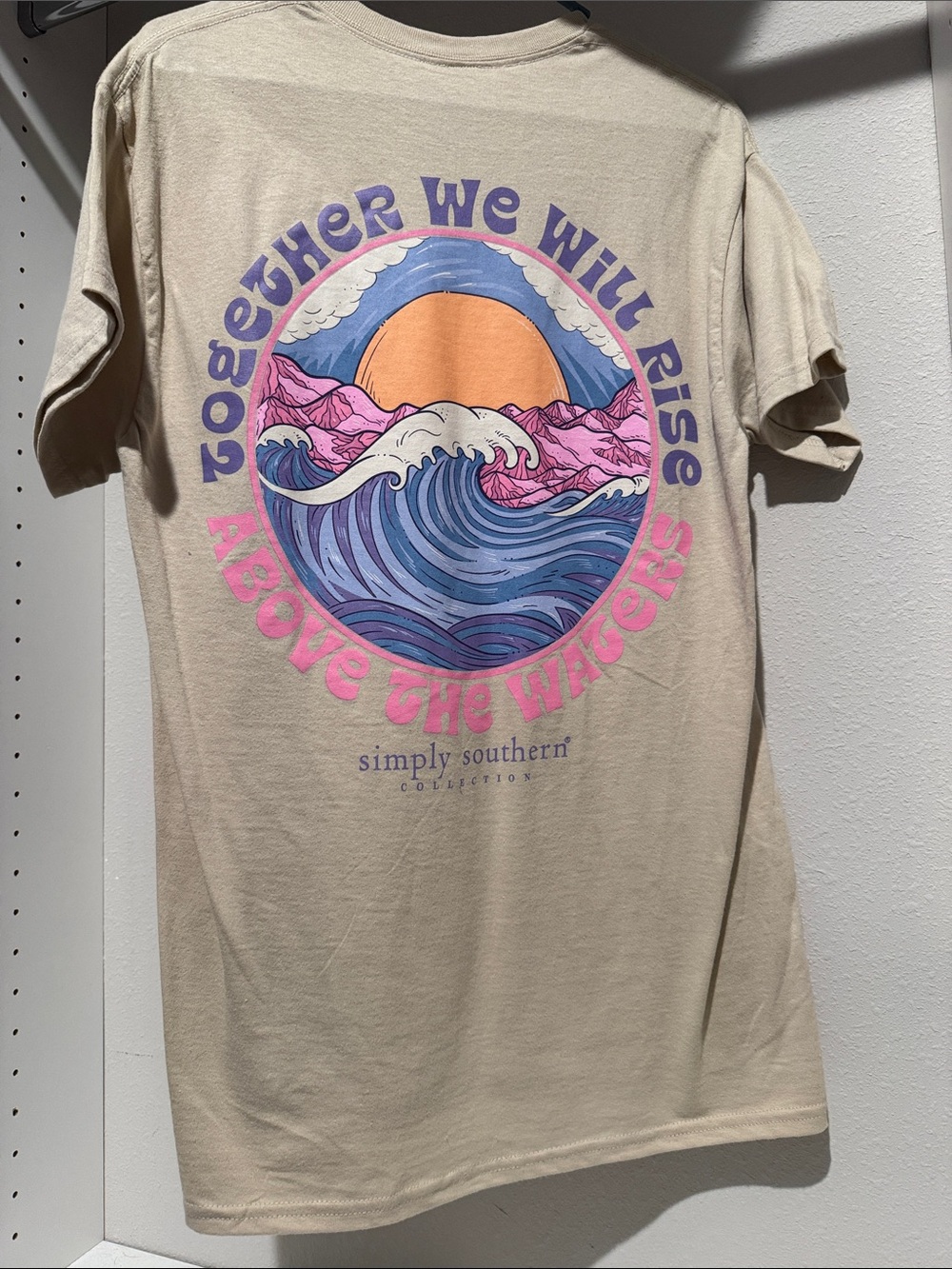 Simply Southern Beige Tee with Pink, Blue & Orange Wave Graphic